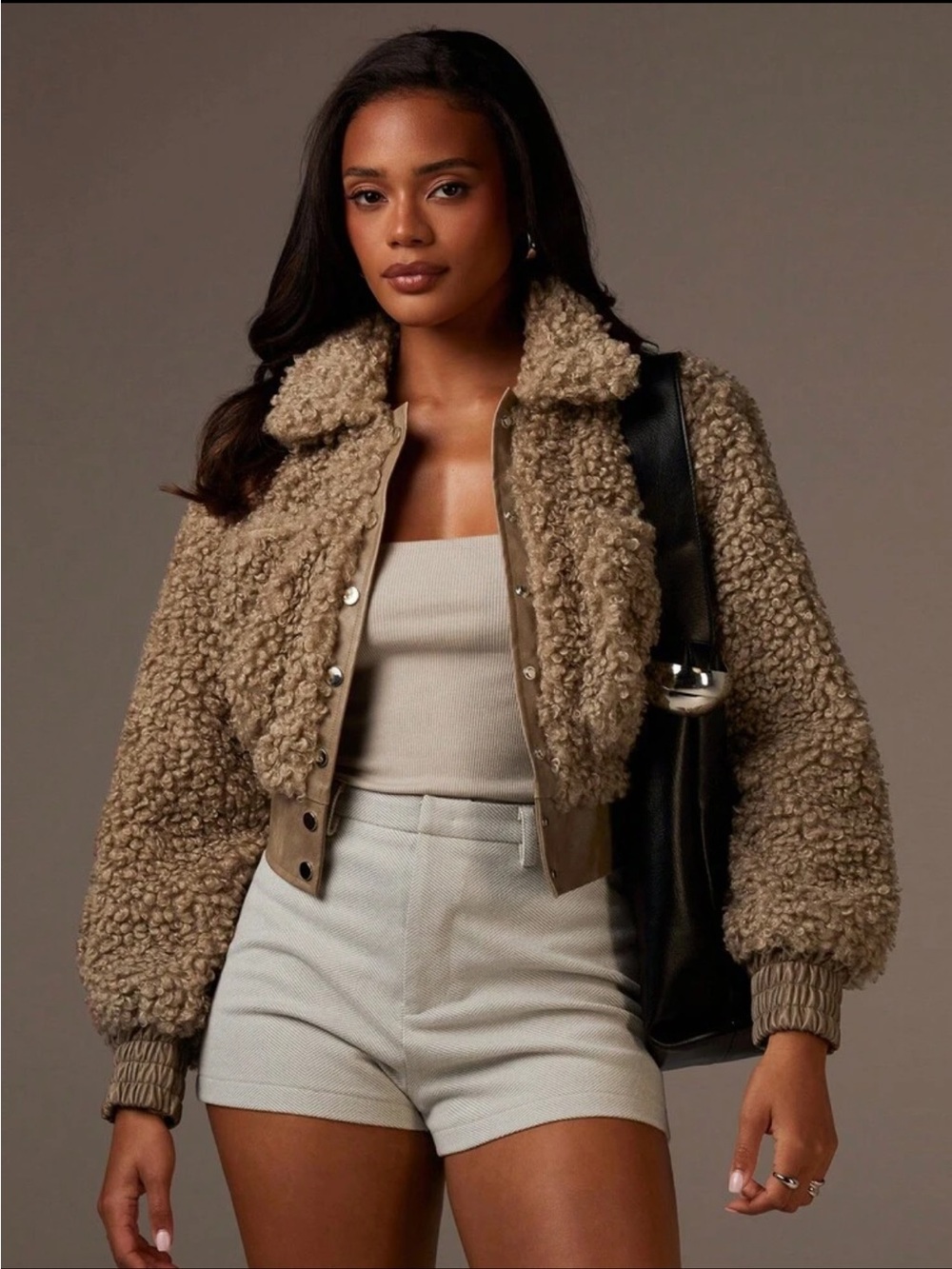 Women's Cropped Teddy Bomber Jacket - Taupe